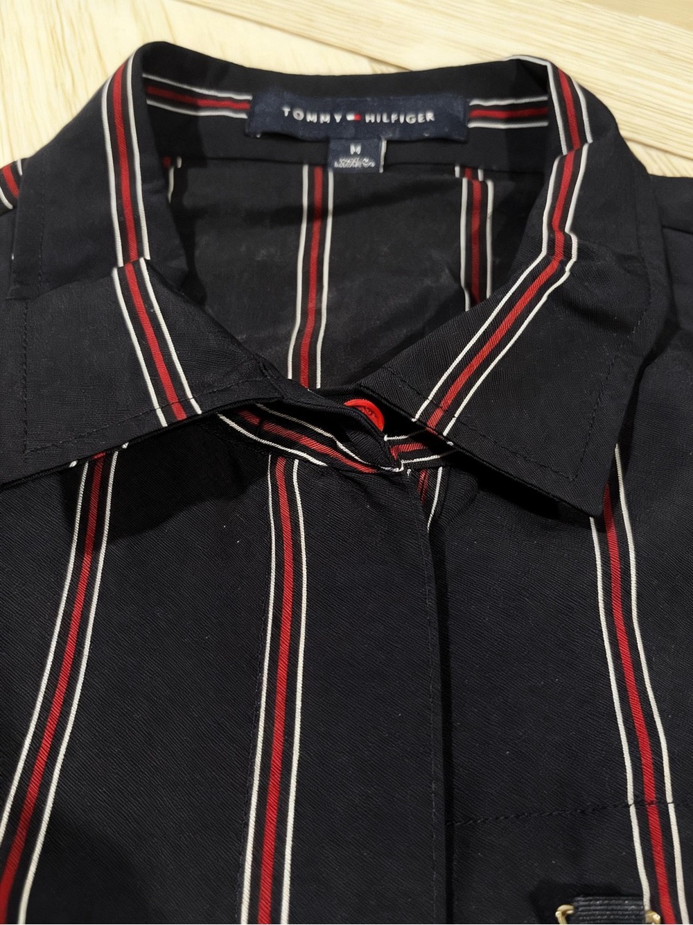 EUC Tommy Hilfiger Navy Red & White PinStripe Zippered Shirt/Shirt Dress Medium - Picture 4 of 13